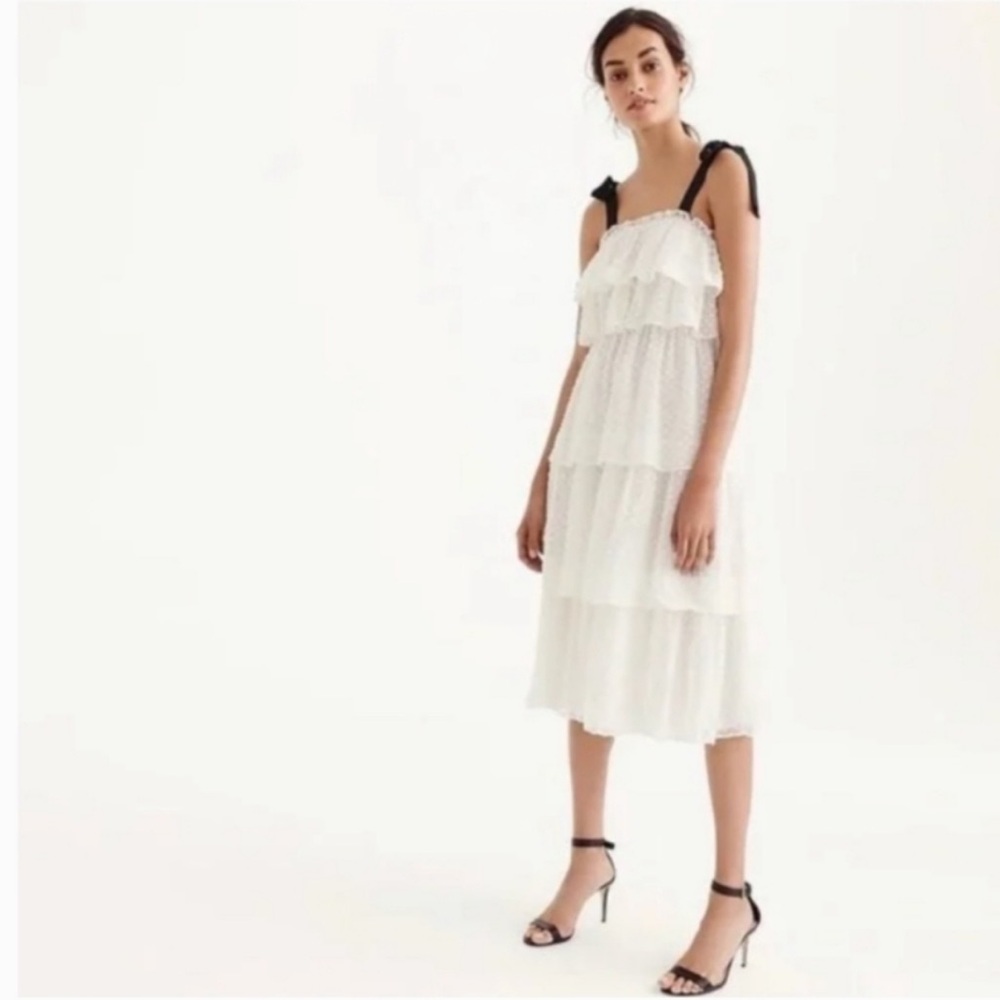 J. Crew Cream Tiered Ruffled Swiss Dot Midi Dress with Black Grosgrain, Size 000